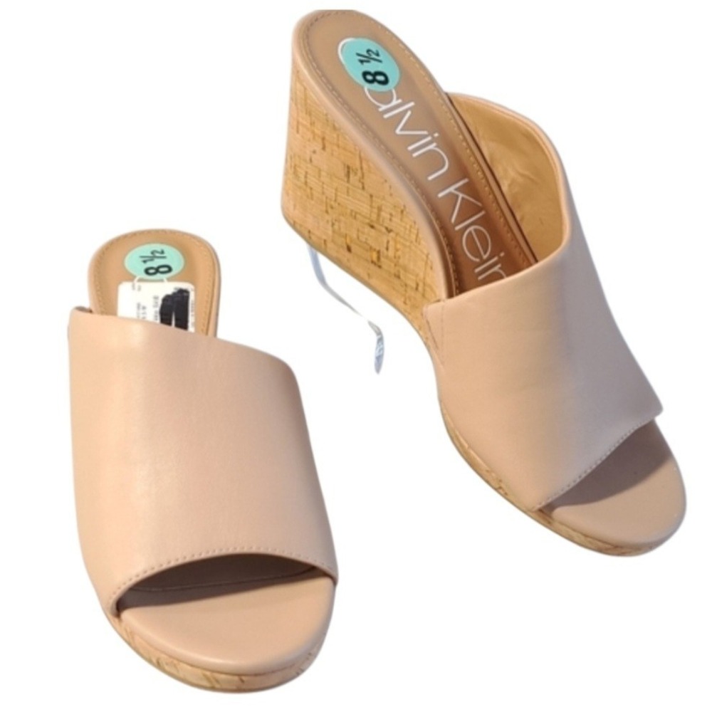 Calvin Klein Women's Size 8.5 Nude Wedge Slide Sandals Cork Heel open Toe New